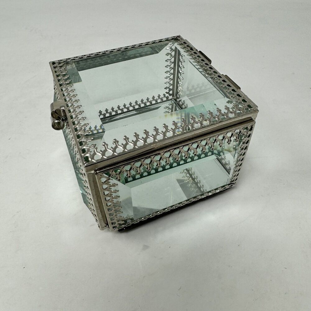 Nicole Miller Glass Jewelry Casket box with Mirror Square Hinged Vanity‎ Footed